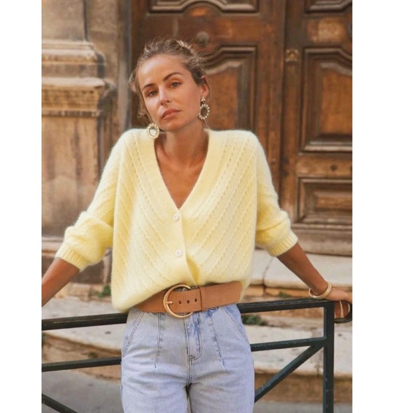 V-Cut Buttoned Down Yellow Knit Cardigan Textured, Long Sleeve - Picture 2 of 6